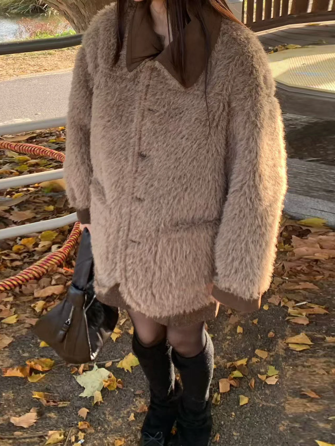 Korean Sle Double-Sided Wear Environmental Protection Leather Fur Inteated Thiened Medium-Length Women's Coat