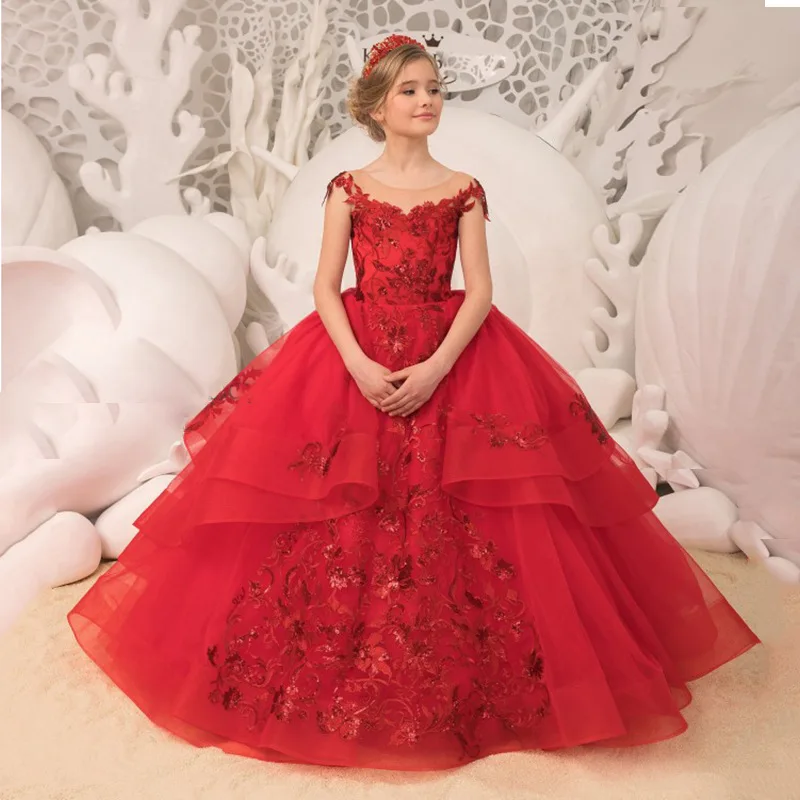 Vestido de baile rojo para bebé, vestidos de niña de flores, apliques sin mangas, fiesta de cumpleaños de boda para niños, vestidos de graduación