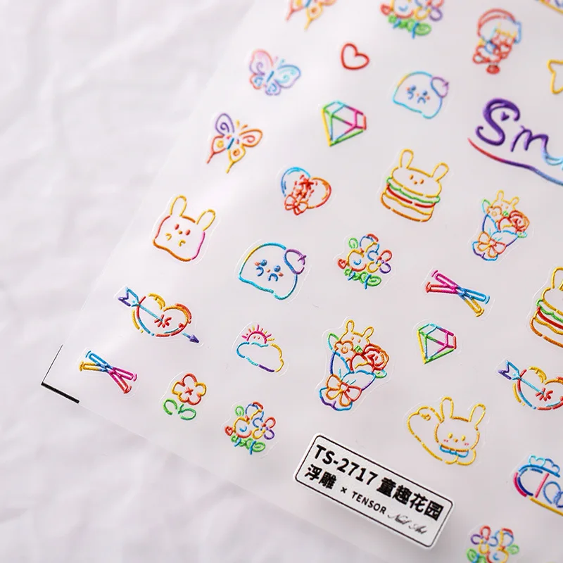 

Cartoon Graffiti Heart Bunny Colorful Line 5D Embossed Relief Self Adhesive Nail Art Decoration Sticker 3D Manicure Decal Makeup