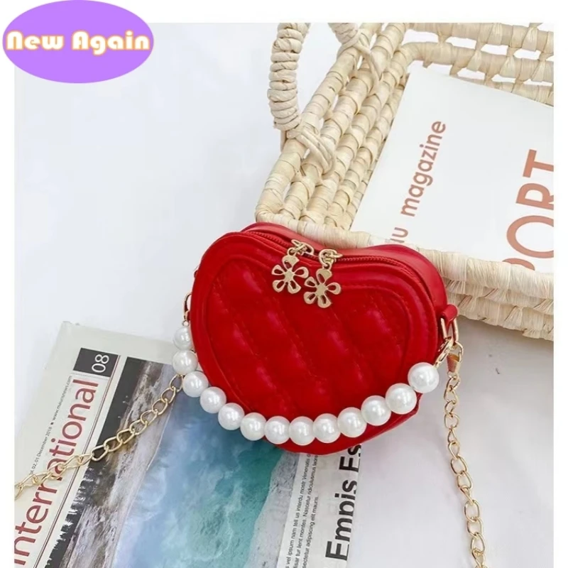 Baby girls lovely  pearl shoulder bags Children's Fashion heart crossbody Bags Toddlers Small Coin purses Kid's chain Bag NA052