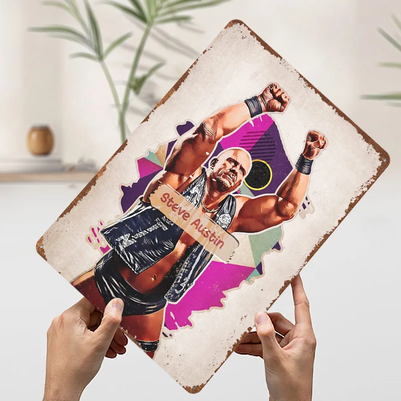 Steve Austin Wrestling Champion Art Printed Poster Customizable Wall Art Retro Vintage Metal Tin Signs for Home Room Desk Decor