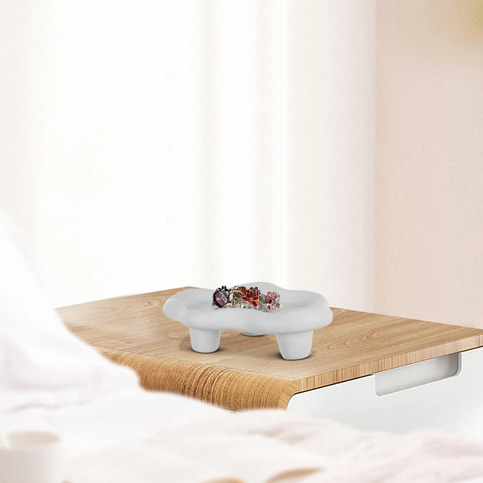 Ceramic Cloud Shaped High Foot Jewelry Dish Multifunctional Trinket Tray for Vanity Dresser Bedroom Office Aesthetic Decorative