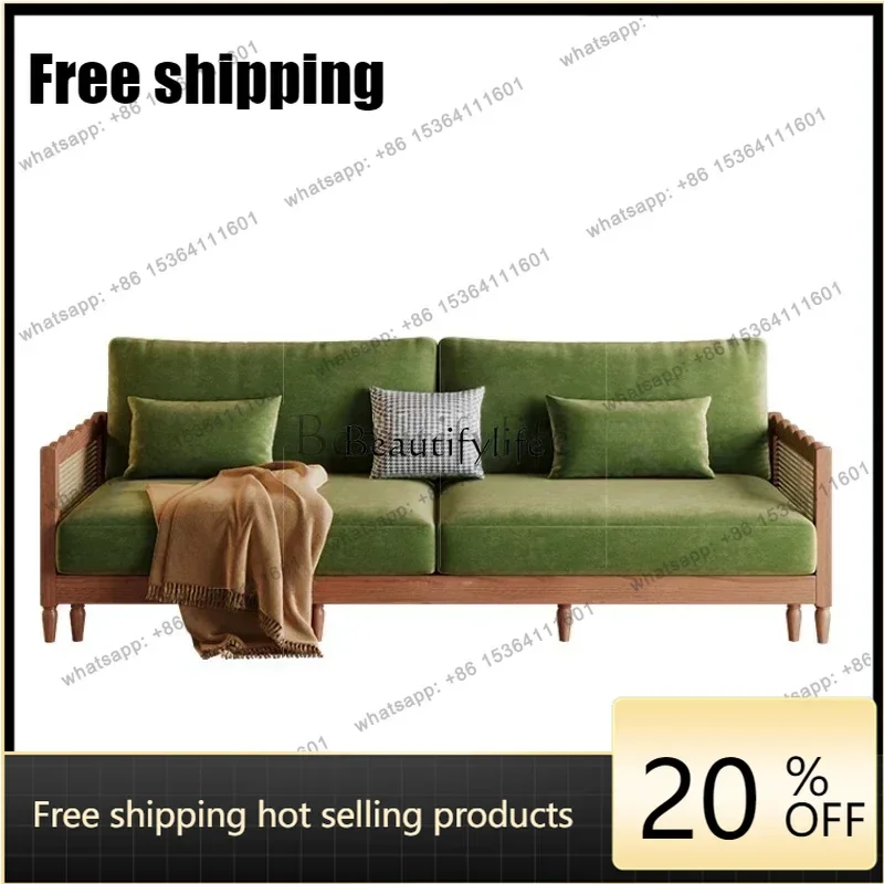 Customizationls  Solid wood sofa living room three-person straight row simple French retro fabric sofa