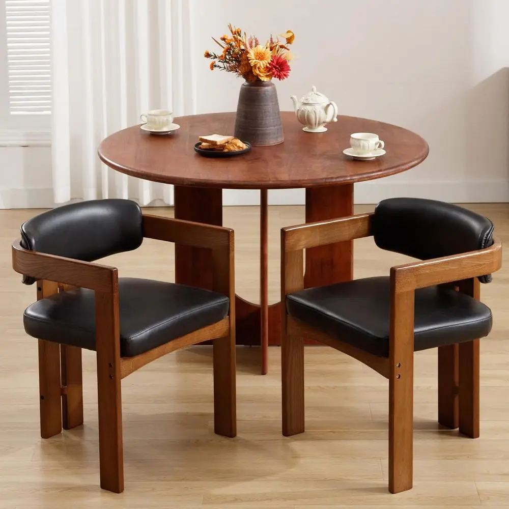 

Pair of Black Faux Leather Upholstered Dining Chairs with Armrests and Backrests, Walnut Legs