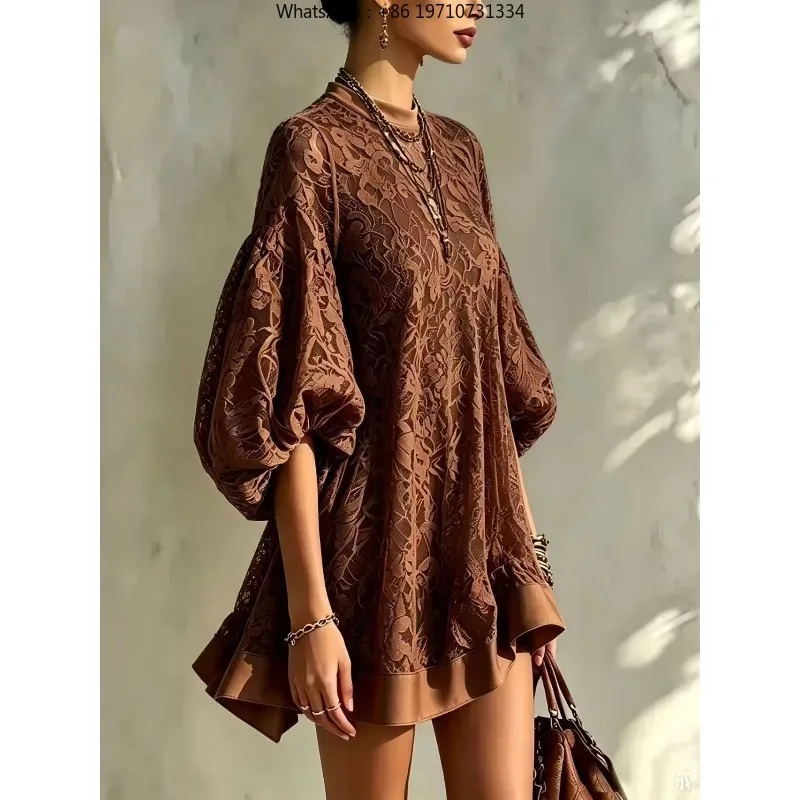 Vintage See Through Lace Dress Women O Neck Oversized Puff Sleeve Loose A Line Short Dress Elegant Summer Bohemian Holiday Dress