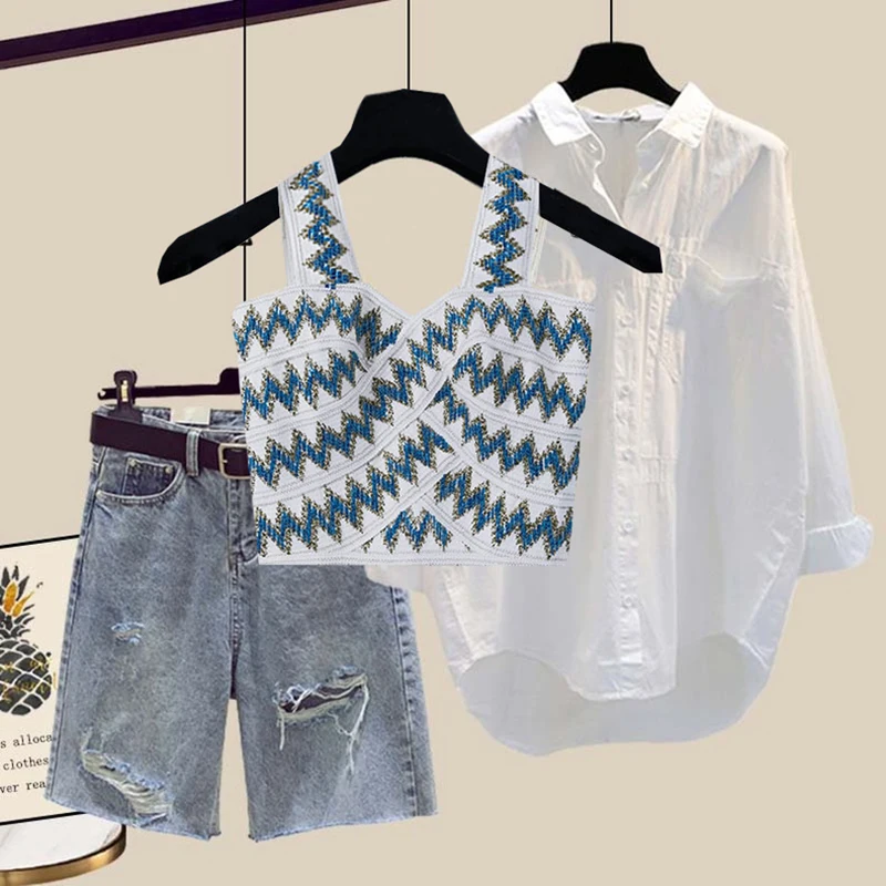 

Летний повседневный свободный женский комплект из футболки с открытыми ремнями, жилет, джинсы, джинсы с высокой талией, полые джинсы