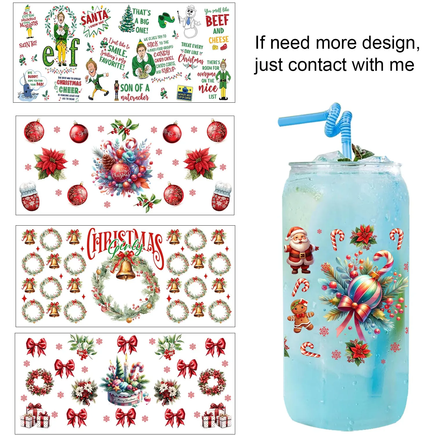 

Merry Christmas bow easy peel waterproof Party DIY Decals 3D transfers uvdtf tumbler seal stickers 16oz uv dtf cup wraps