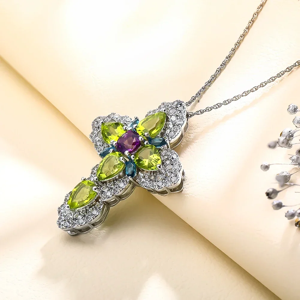 GZ ZONGFA Peridot Crystal Natural Cross Pendant Necklace 925 Sterling Silver for Women Amethyst&London Blue Topaz Fine Jewelry