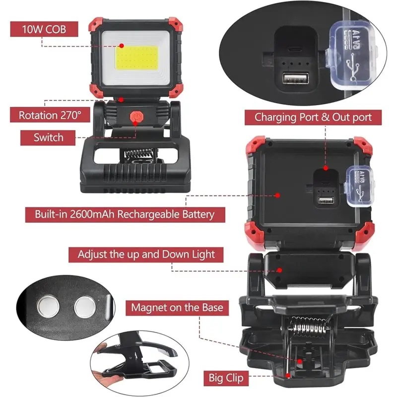 COB Magnetic LED Rechargeable Work Light, 2 Pack 2100LM With Clamp, 3 Light Modes For BBQ, Car Repairing-AT36