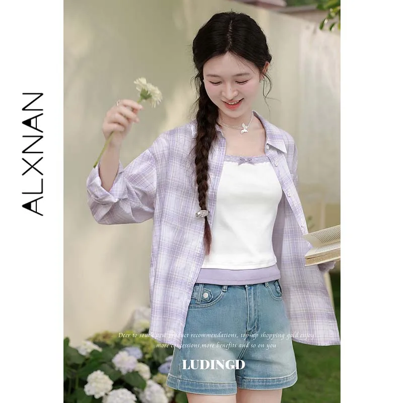 ALXNAN Plus Size Purple Plaid Sun Protection Shirt Women Pocket Embroidery Decor Summer Female Long Sleeve Casual Blouse D65559