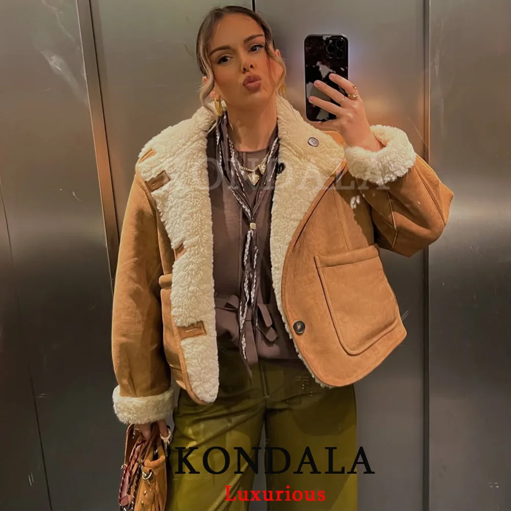 

KONDALA повседневные двойные замшевые куртки женские с длинными рукавами и карманами на пуговицах пальто большого размера мода 2025 осень-зима теплое пальто