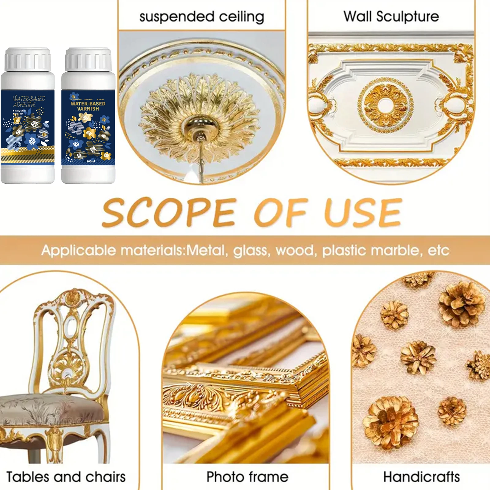 100ml/200ml Golden Leaf Gilding Adhesive Kit - Water-Based Epoxy Resin Glue for Metal Foil, Crafts & Jewelry Making on Wood, Gla