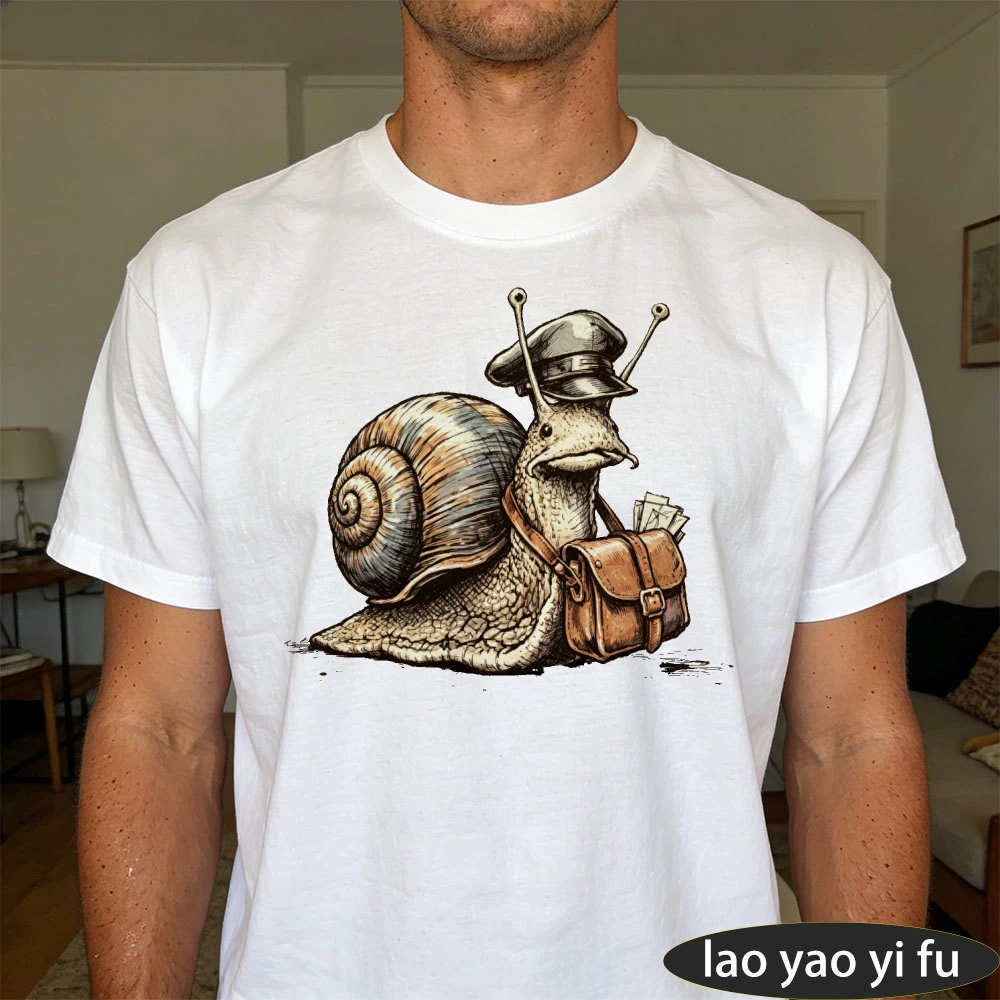 Postman Snail Vintage Sketch Mail Bag Cartoon Men Summer Cotton T Shirt Funny Animal Retro Trendy Street Top