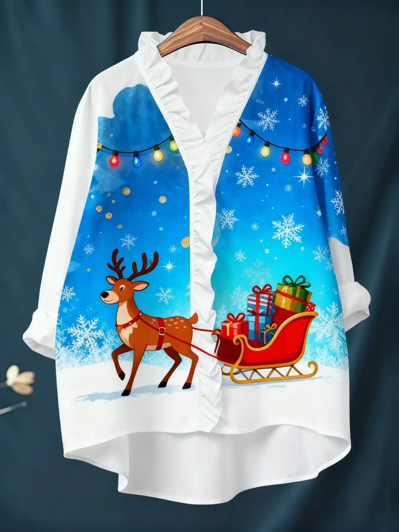 Women's Christmas digital printed long sleeved shirt with ruffled collar,  American style loose button style outerwear