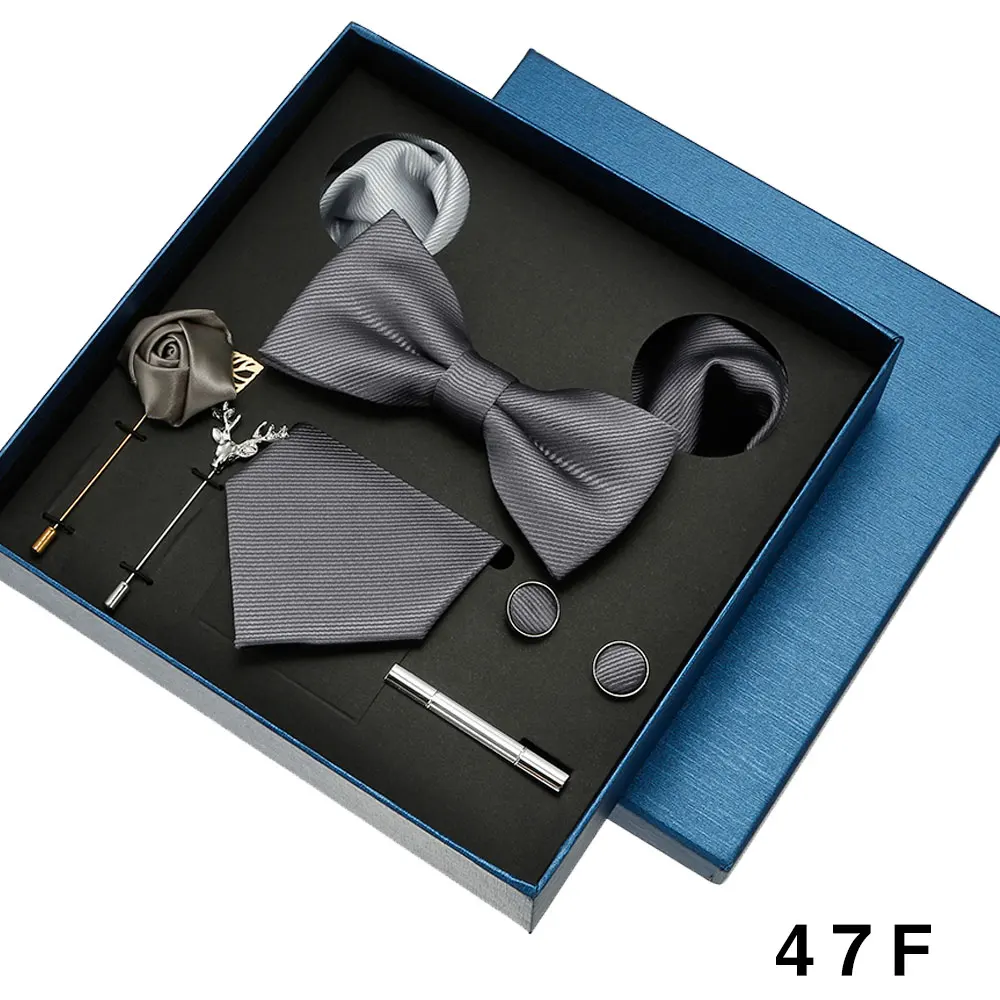8-teiliges Luxus-Herren-Krawatten-Set in Geschenkbox, Krawatte mit festlicher Hochzeit, Fliege, Einstecktücher, Manschettenknöpfe, Clip-Broschen, Anzug – Detail 20