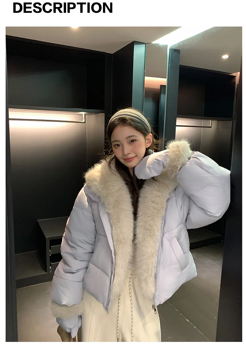 Korean Women's Short Puffer Jacket with Large Fur Collar Women Loose Thick Padded Cotton Coats Female Solid Casual Zipper Parkas