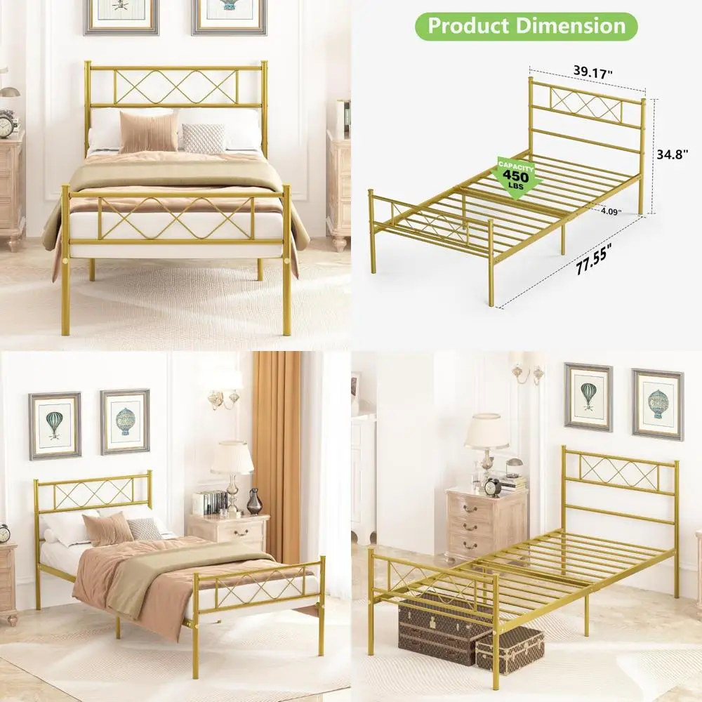 Weehom إطار سرير معدني مزدوج الحجم، مرتبة أساس/سرير منصة، شريحة فولاذية شديدة التحمل، أفضل للأطفال والكبار والطلاب باللون الذهبي