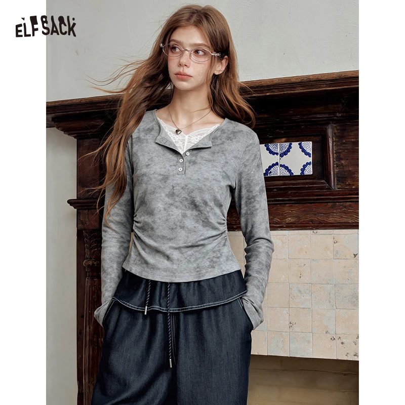 ELFSACK Women's Long Sleeve Henley Tee with Lace Detail, Heather Grey Ruched Fitted Top for Everyday, Casual Slim Fall Shirt