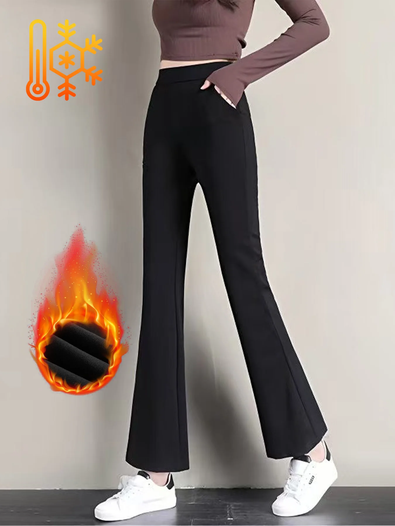 High-Waist Slimming Black Thermal Trousers for Autumn Winter Fashionable Bell Bottoms Suitable for Office And Casual Wear