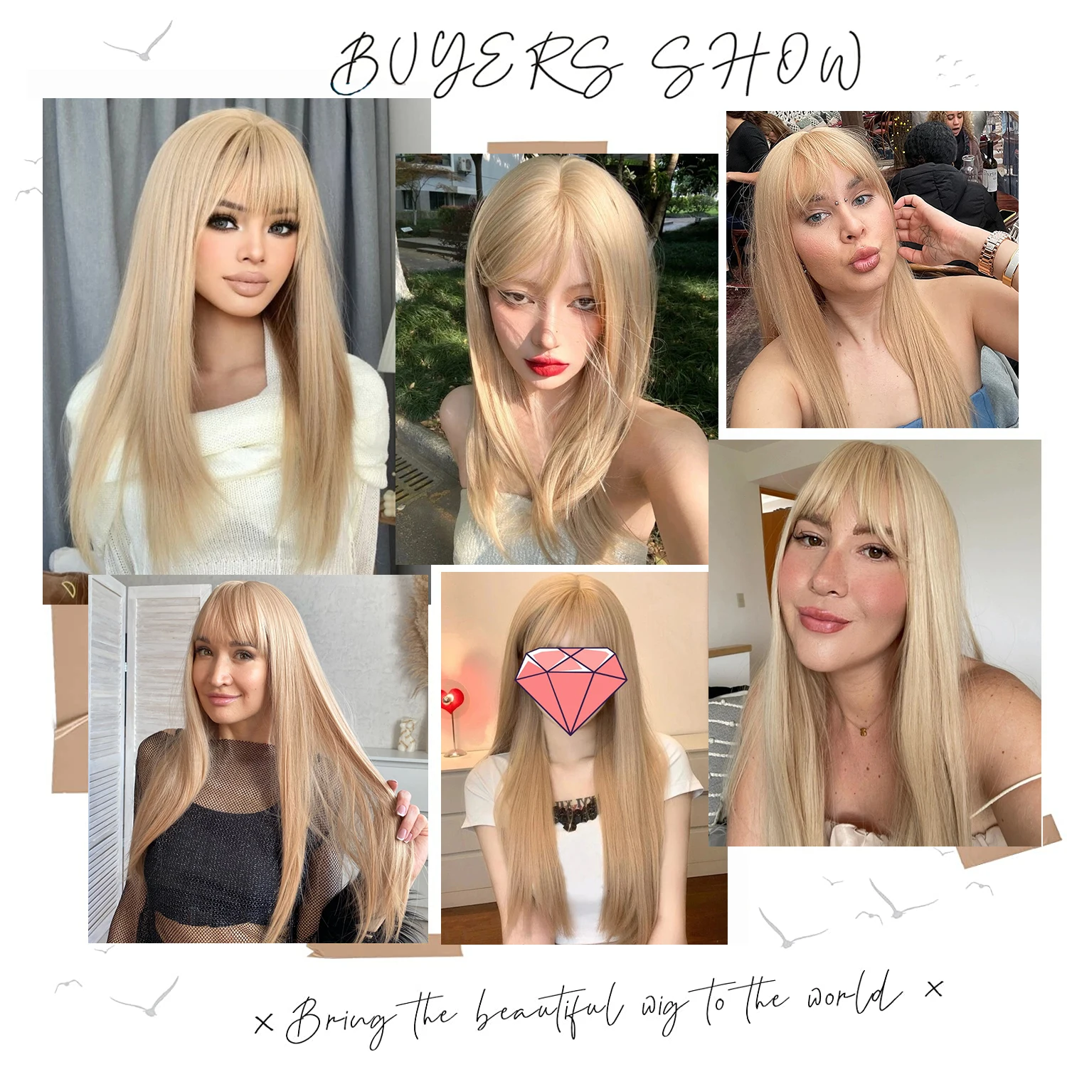 Light Blonde Long Straight Synthetic Wigs Lolita Cosplay Hair with Bangs for White Women Party Daily Heat Resistant Fiber Hair