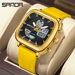 Fashion Sanda Top Brand 9101 Casual Men's Quartz Electronic Dual Movement Square Watches Multi Functional Waterproof Night Light