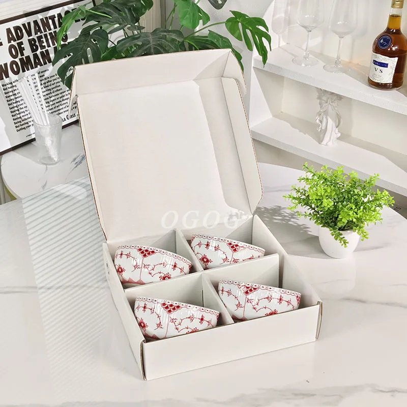 

Vintage Light Luxury Bone China Rice Bowls 4 Piece Set 4.5 Inch Home Dinner Bowls Exquisite Gift Box for Presents