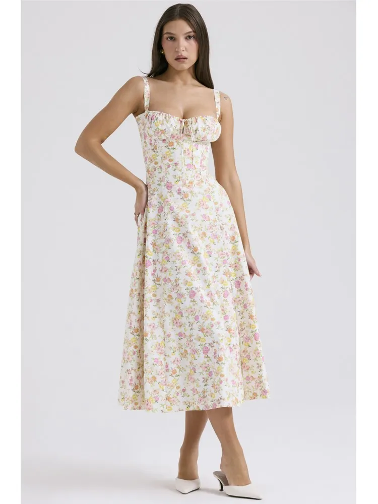 Summer Temperament Fashion Suspender Dress For Women Y2k Sexy Party Dresses Casual Boho Floral Print Long Dress Female