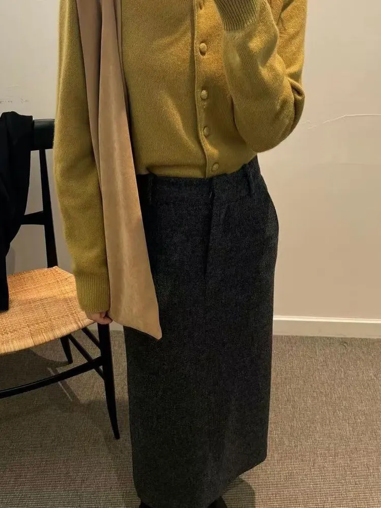   Mittellanger Wollrock mit hoher Taille und schlankem, drapiertem Pendelrock für Damen, Faion, koreanischer gestrickter, gerader Schnitt