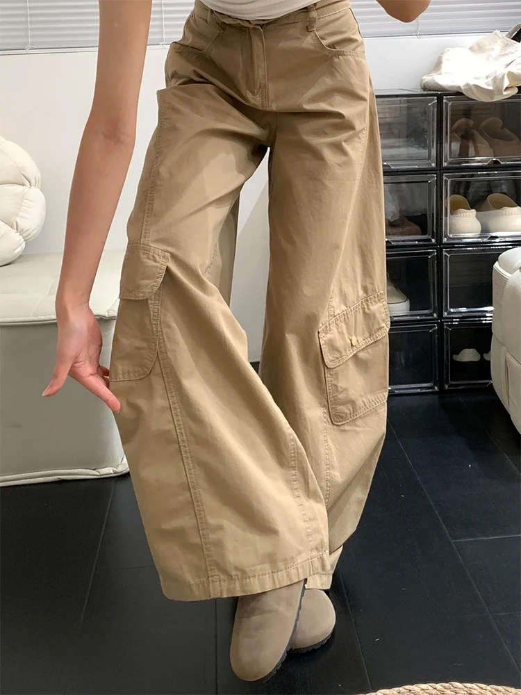 بنطلون عمل أمريكي بمقاسات كبيرة للنساء، تصميم عصري متعدد الجيوب، بنطلون جينز مستقيم وواسع الساق بخصر عالي وتأثير تنحيف