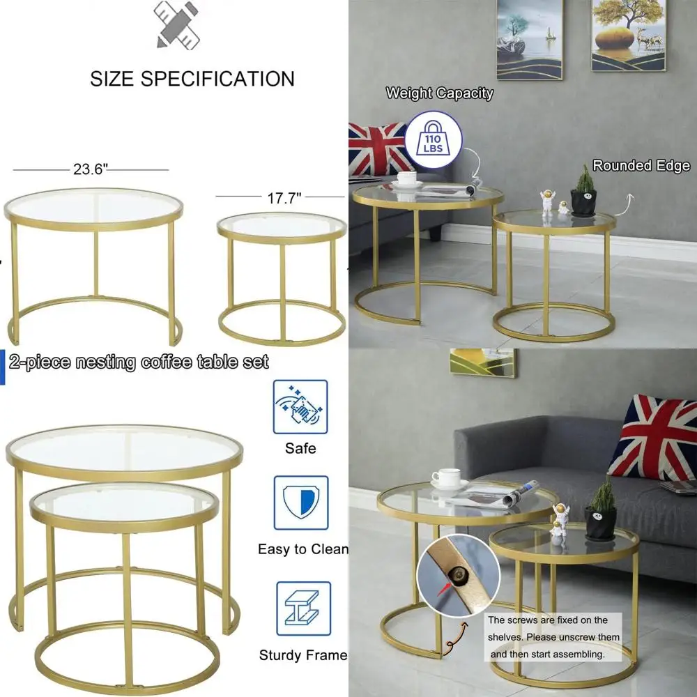 

Pair of Modern Nesting Coffee Tables, Glass Top Accent Tables for Living Spaces, Metal Framed Tea Tables