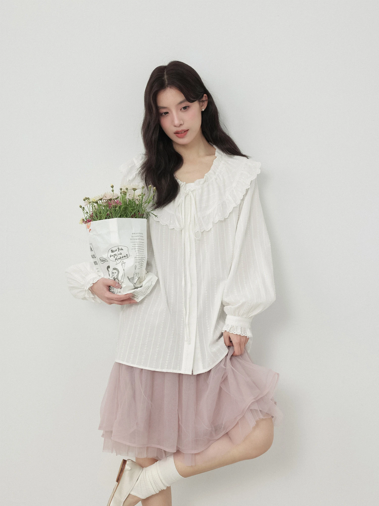 

Eternal Summer White Cotton Long Sleeve Ruffle Collar Women's Shirt Sweet Style Spring Fashion Breathable Comfortable Loose Fit