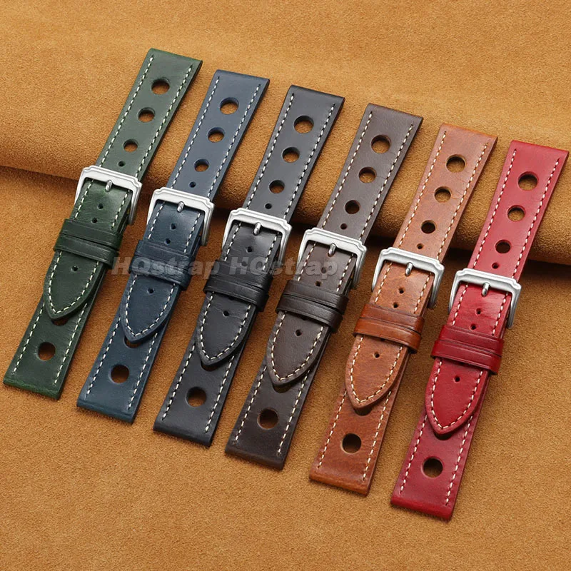 Vintage Oil Wax Leather Watch Band 20mm 22mm Breathable Perforated Cowhide Strap Hand-Stitched Durable Sport Universal Bracelet
