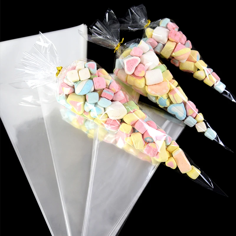 50pcs Clear Candy Cone Bags Triangle-Shaped Cookies Gifts Packing Plastic Treat Bag For Wedding Birthday Party Christmas Favors