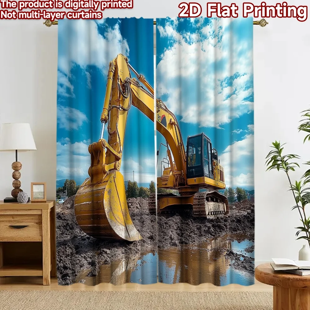 2D flat 2pcs Curtain Retro Country Style Curtains Yellow Excavator in Mud Durable polyester fiber Festive Wall Decor Perfect for