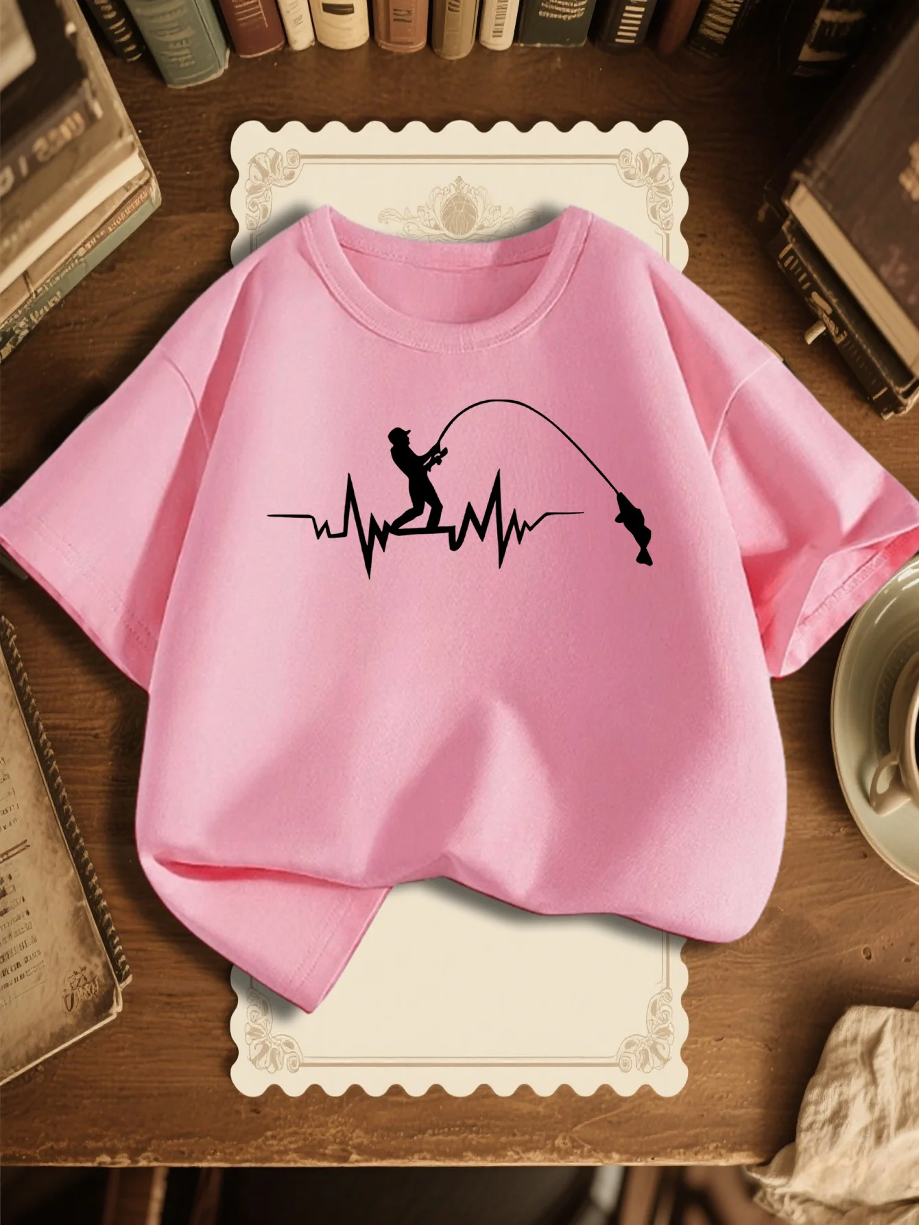 Family Matching T Shirt Fisherman Heartbeat Silhouette Print Boys Girls Cotton Short Sleeve Parent Kid Outdoor Hobby Casual Tops