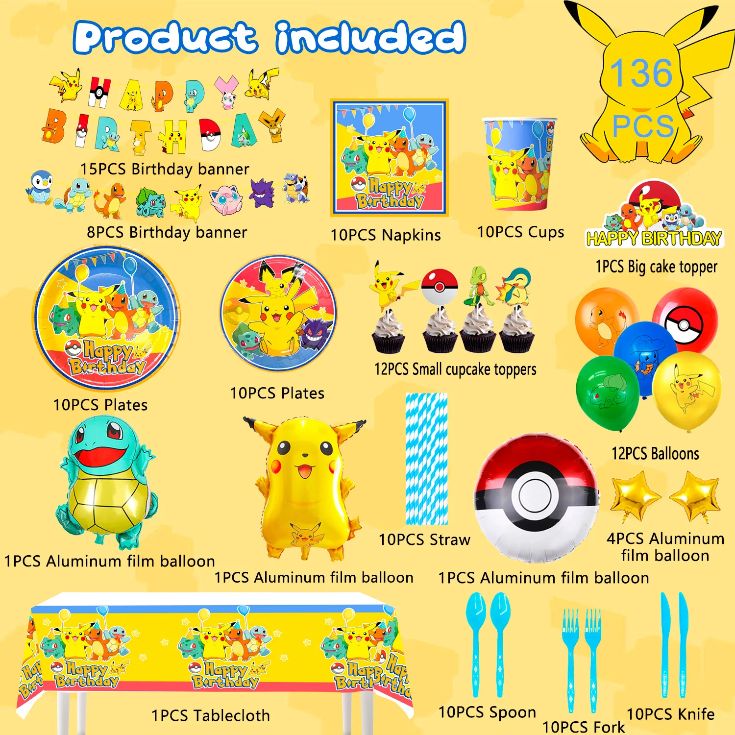 Cartoon Birthday Party Supplies for Boy&Girl,136 Pcs Decorations&Tableware set Included Banner Balloons Tablecloth Plates Cups