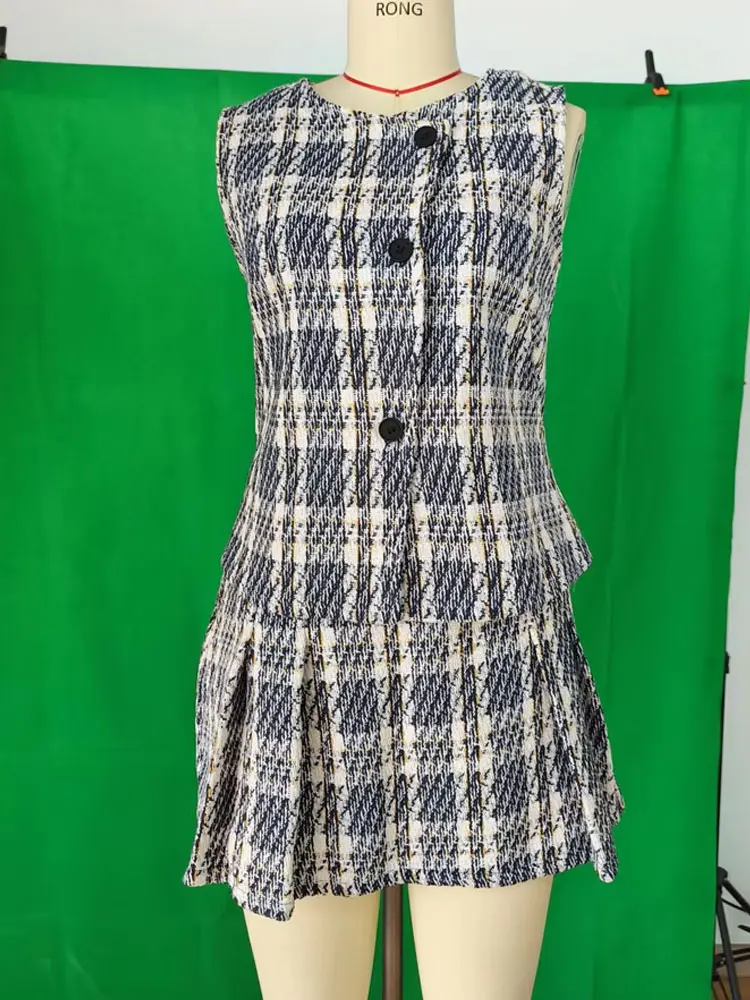 HH Dames Elegante Geruite Textuur Pak Mouwloos Single-breasted Vest Top + Brede Geplooide Hoge Taille A-lijn Culottes Retro Set