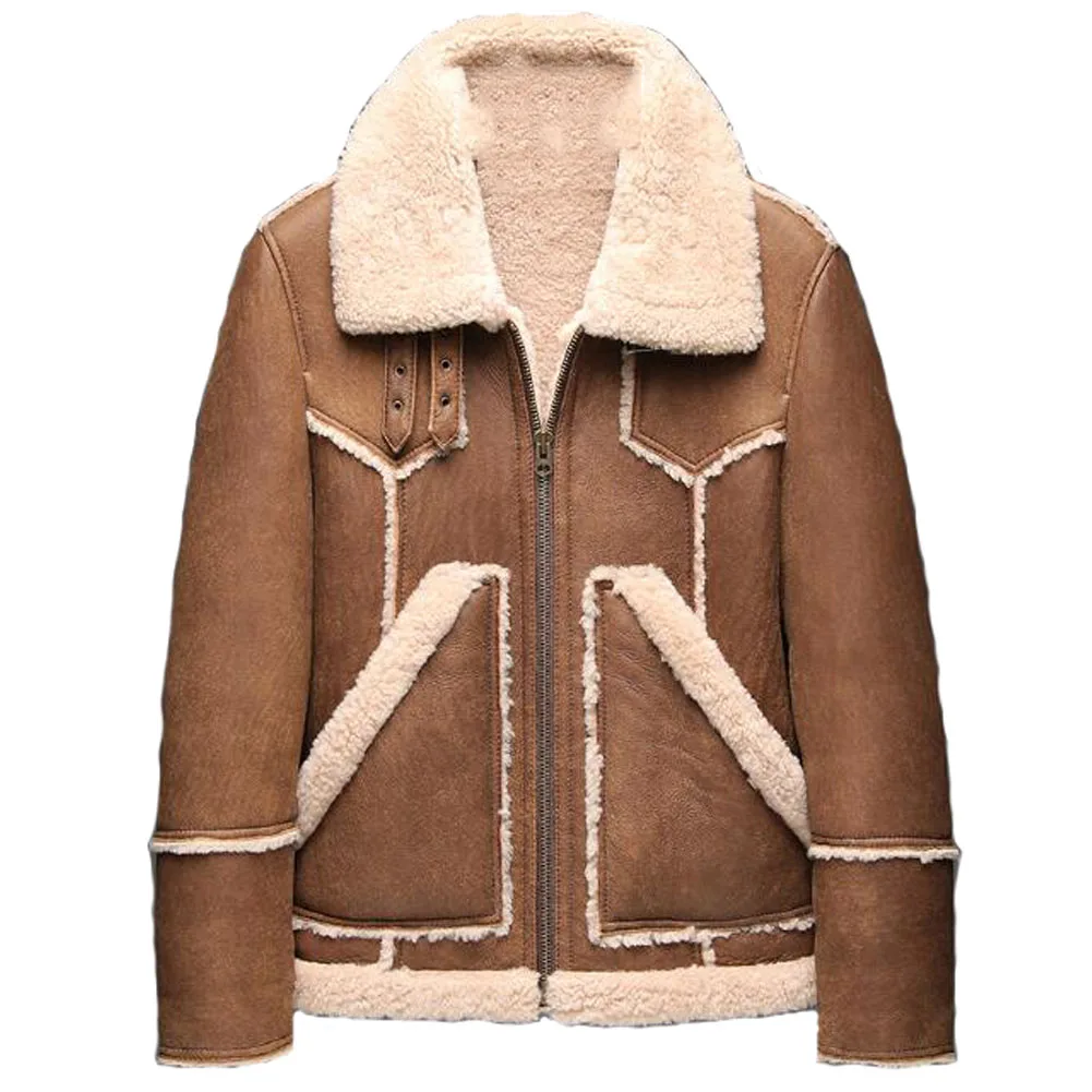 

Denny&Dora Mens Shearling Coats Sheepskin Bomber Jacket Mens Short Brown Leather Jacket