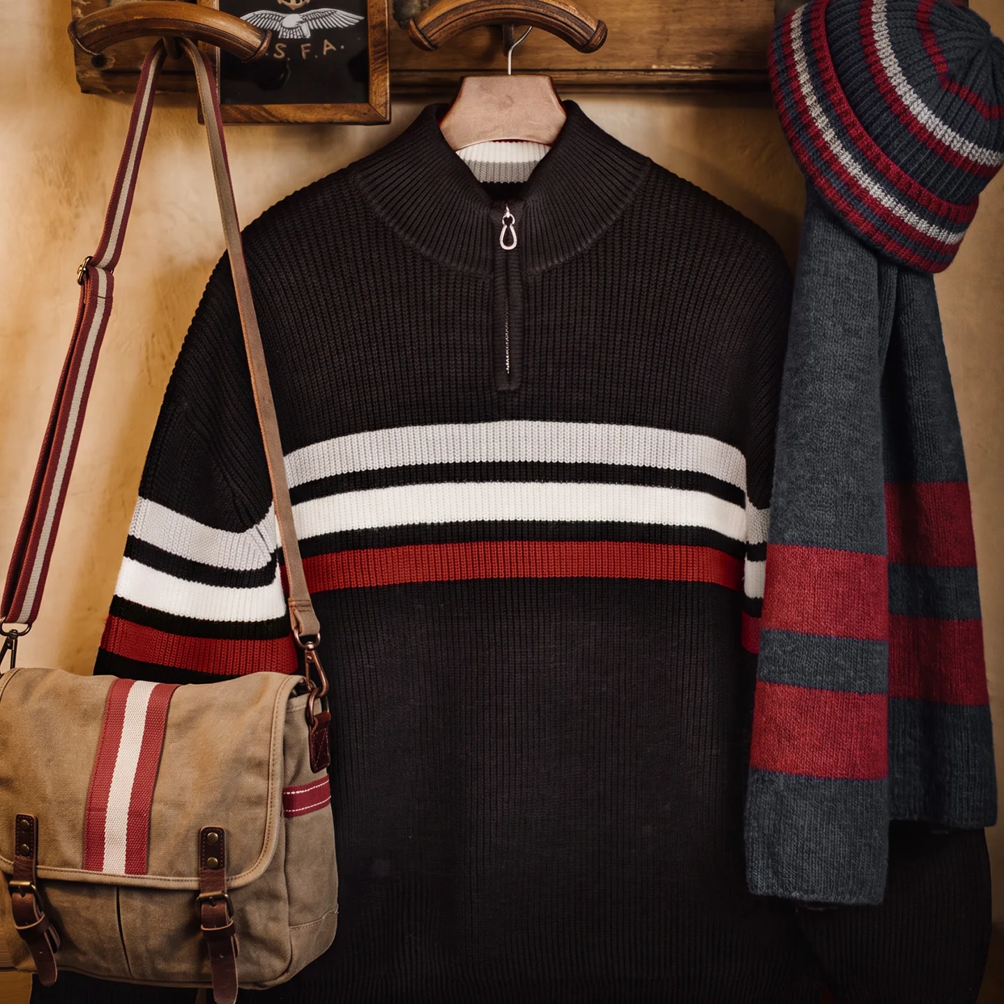 Maden Men's Heavyweight Knit Sweater Half Zip Striped Pullover Mock Neck Loose Fit Casual Outerwear Autumn Winter Top
