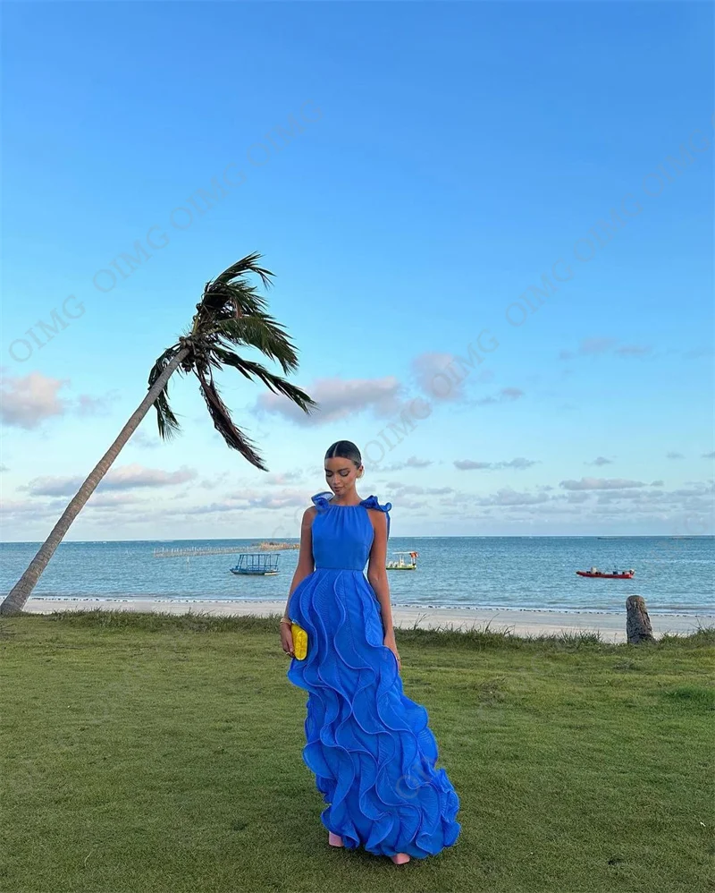 OIMG-Vestidos de Noche de gasa de playa azul para mujer, vestido de graduación saudita, vestidos de fiesta de boda de lujo, personalizado para