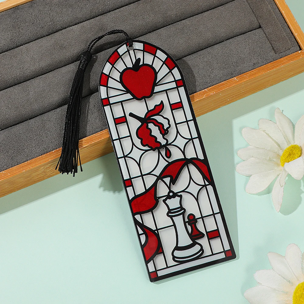 Gothic Style Painted Glass Bookmark | Red Heart Apple and Chess Themed Tassel Bookmark | Creative Reading Positioning Bookmark