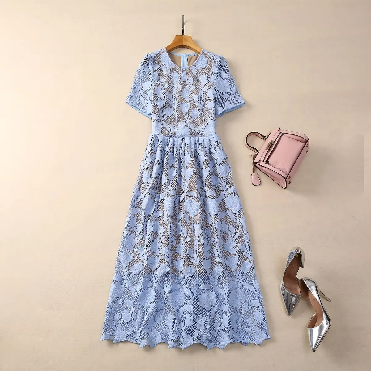 

Embroidery Flower Midi Lace Dress Women Summer O Neck Short Sleeve Hollow Out Slim Elegant Dresses Fmale New Fashion G466