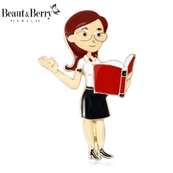 Beaut&Berry Trendy Enamel Cartoon Female Teacher Brooches for Women Unisex Character Pins Casual Party Accessories Gifts