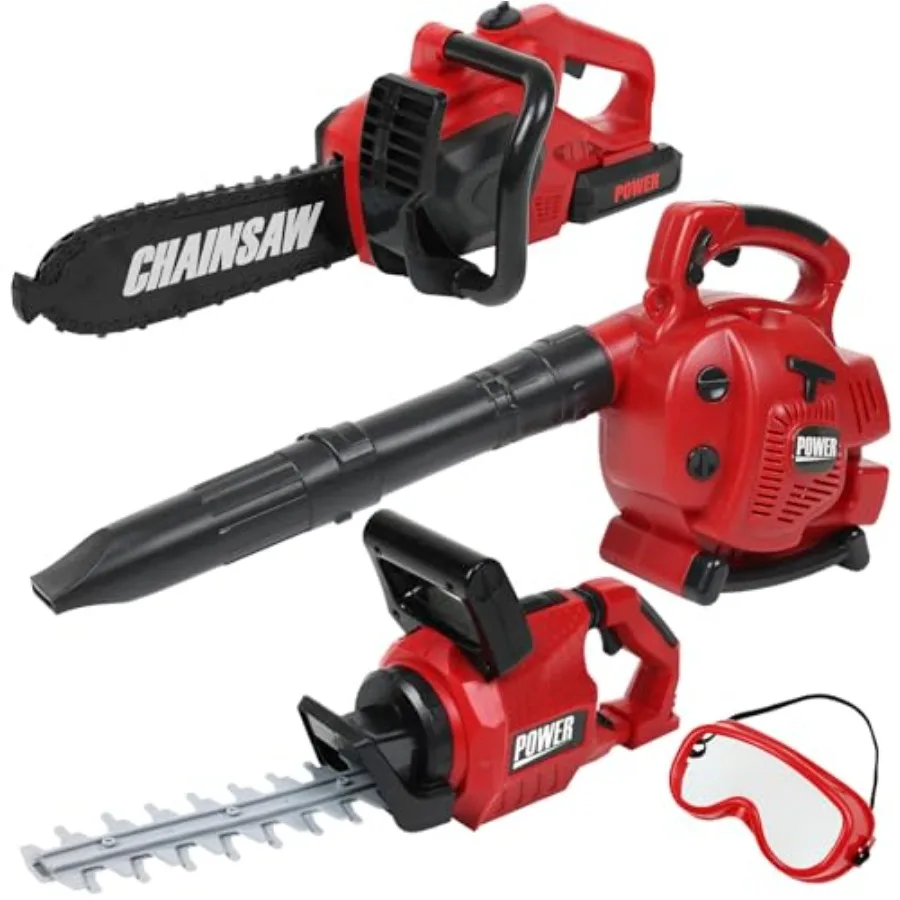 

Power Garden Tools Set for Battery Operated Toy Leaf Blower, Hedge Trimmer and Chainsaw Pretend Play for Boys Girls