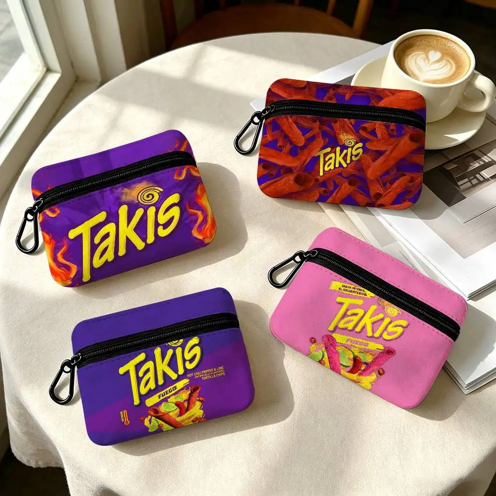 Chili Pattern T-Takis Chips  Portable Oxford Fabric Mini Wallet Carabiner Design Small Coin Bag For Cards Keys Earphones