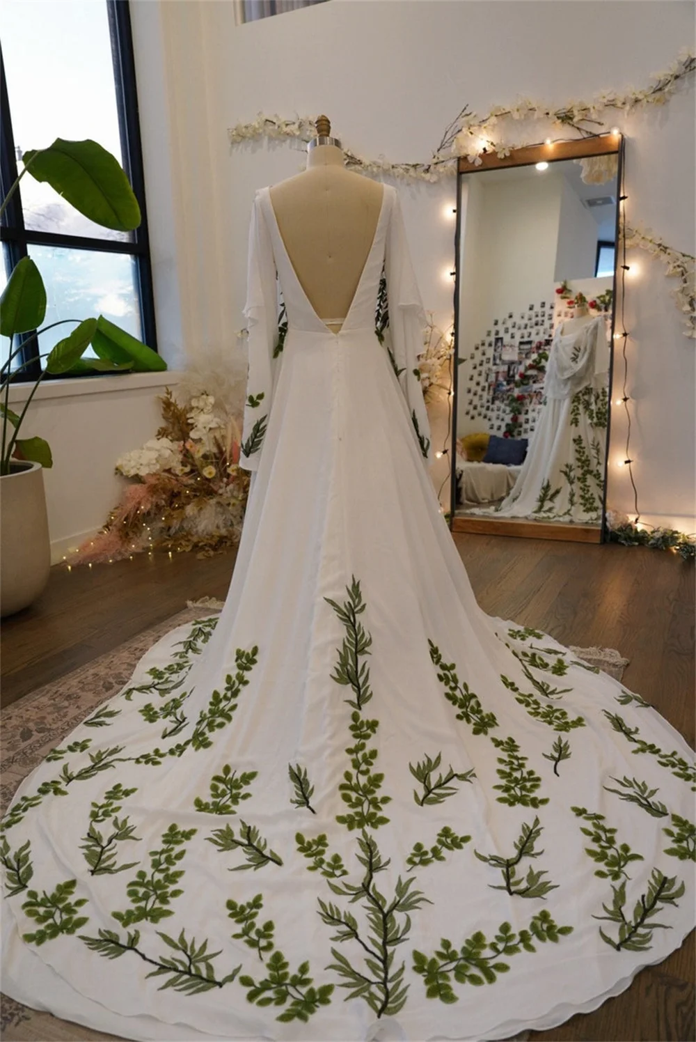 Cathy White Chiffon Wedding Dress Green Lace Appliques فساتين سهرة Elegant Floor-length Long Train vestidos de fiesta 2024