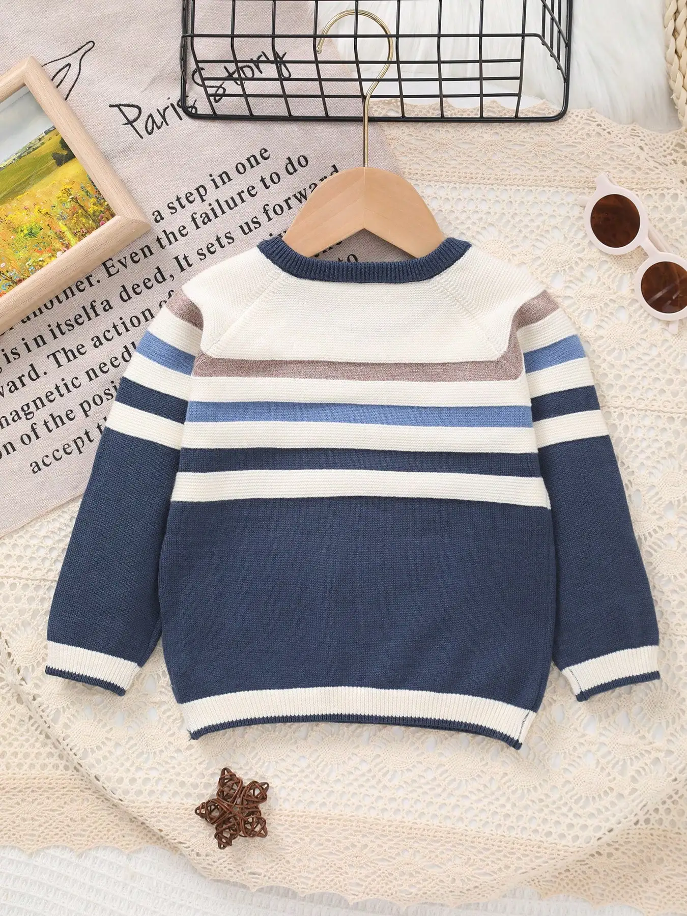 Baby Boy's Striped Color-Blocked Round Neck Long-Sleeved Knitted Sweater Pullover