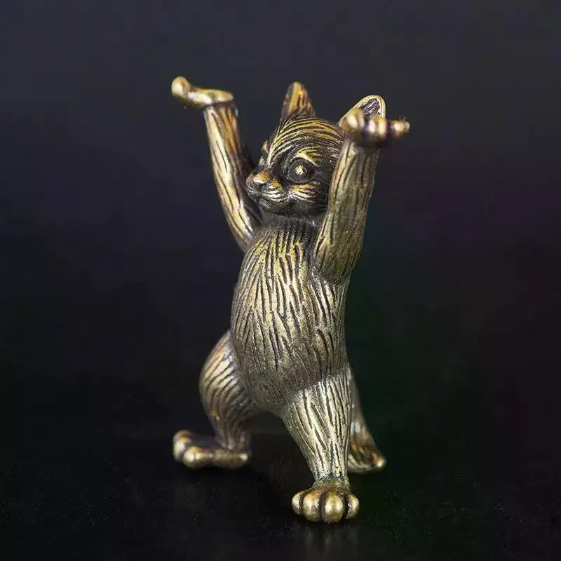 1 pçs metal latão estatuetas animais antigo cobre dos desenhos animados kung fu gato estátua ornamentos de mesa miniaturas decoração para casa