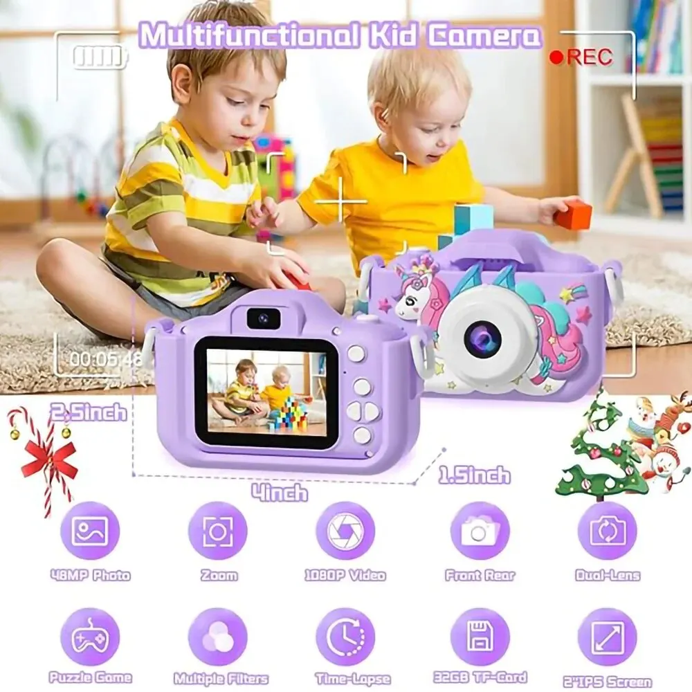 Cámara HD de unicornio para niños, cámara frontal y trasera Dual, cámara de Video Selfie adecuada para niños de 3 a 12 años, regalo de cumpleaños