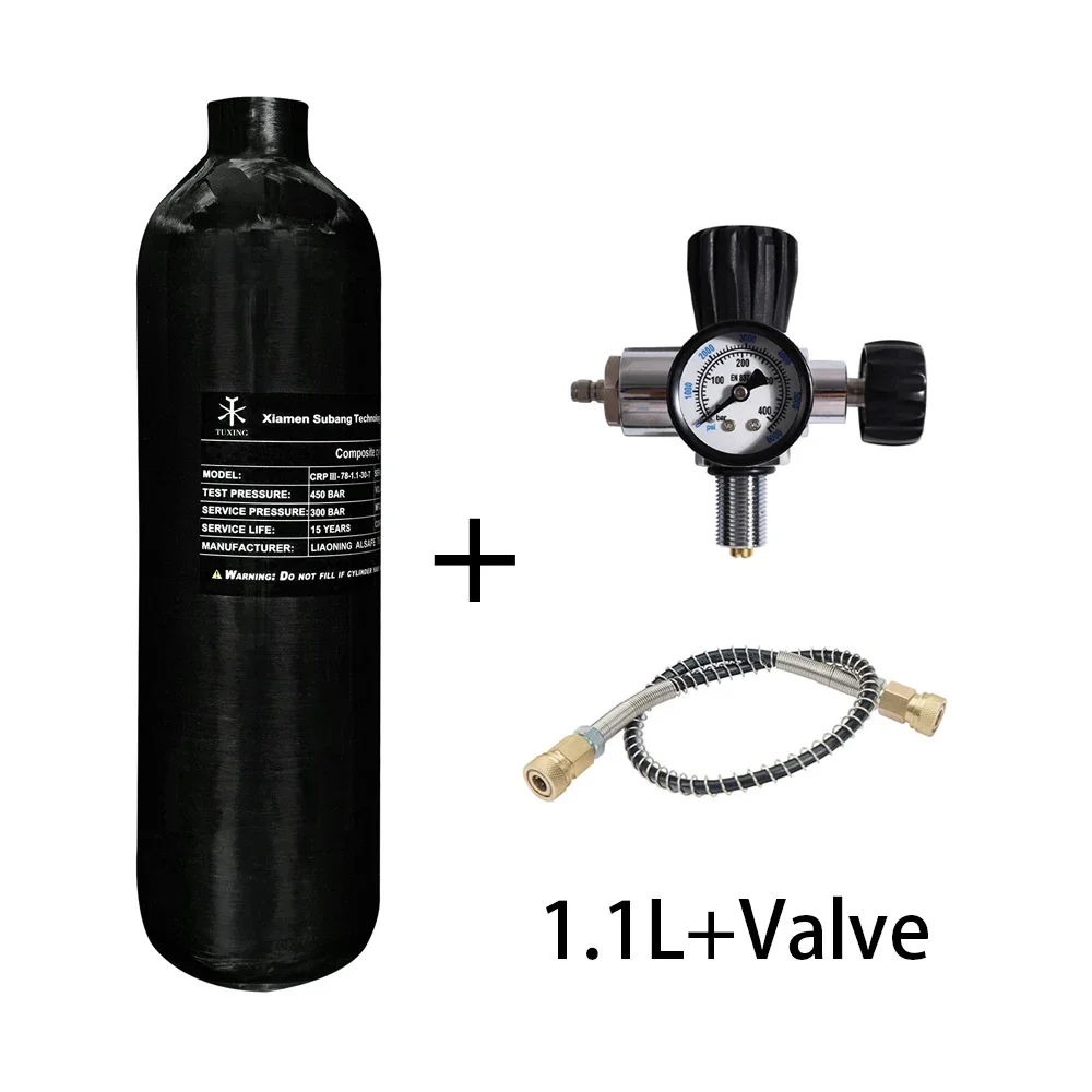 Tuxing กระบอกสูบคาร์บอนไฟเบอร์1.1L พร้อมวาล์วควบคุมถัง hPa 4500psi 300Bar ขวดแรงดันสูง M18ดำน้ำลึก * 1.5